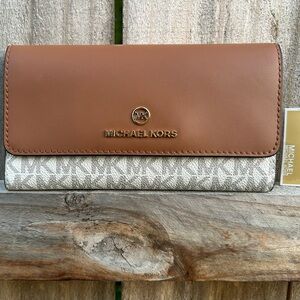 Michael Kors Brown and Cream Large Logo and Leather Tri-Fold Wallet